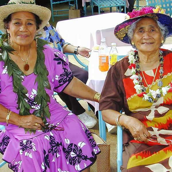 The late Vaita'i Reed and Tauamo Malufau . . . at the opening of the Polynesian Cultural Center's Hukilau Store, in 1999.